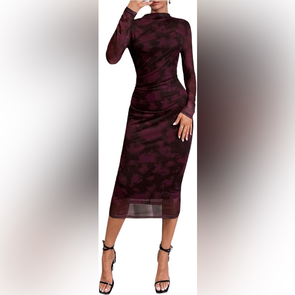 Burgundy wine Bodycon stretchy Dress lined sheer long sleeves very flattering XL - Picture 4 of 6